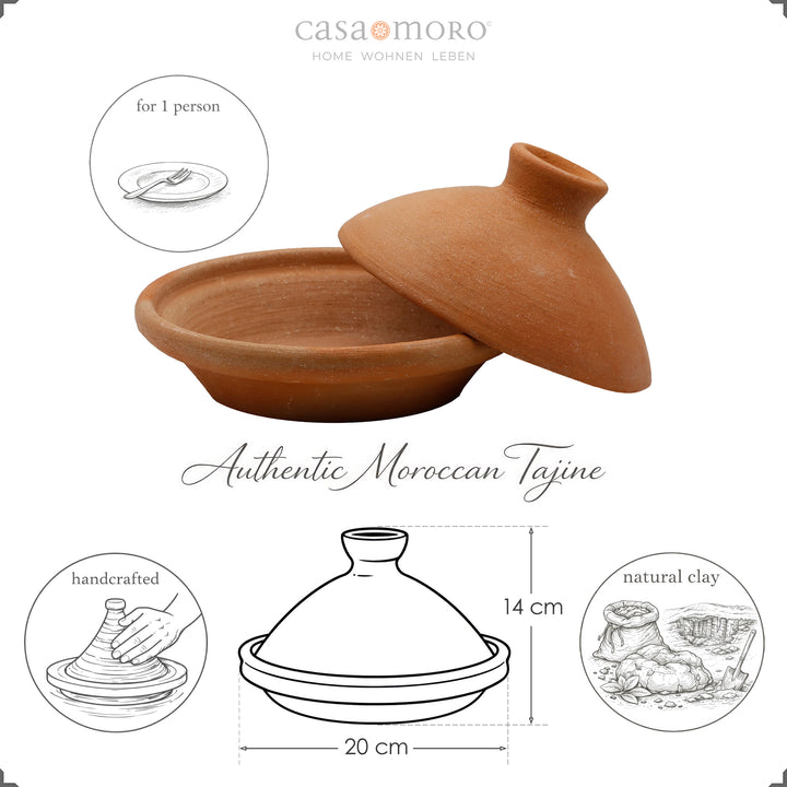 Tagine 20 cm από πηλό και πηλό, χωρίς γλασάρισμα ως μαροκινή κατσαρόλα για 1 άτομο