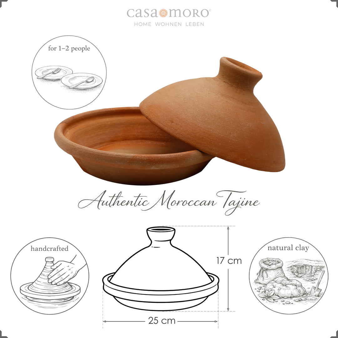 Tagine 25 cm από φυσικό πηλό και πηλό, μαροκινή κατσαρόλα για 1-2 άτομα