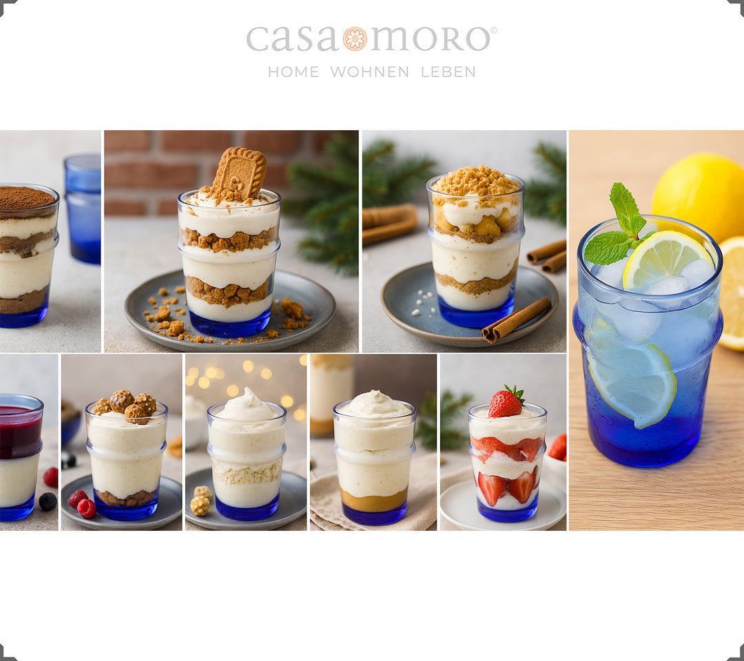 Σετ ποτήρια σε μπλε χρώμα σερβιρισμένα με διάφορα επιδόρπια - τέλεια ως ποτήρια γλυκού για κρεμώδεις δημιουργίες
