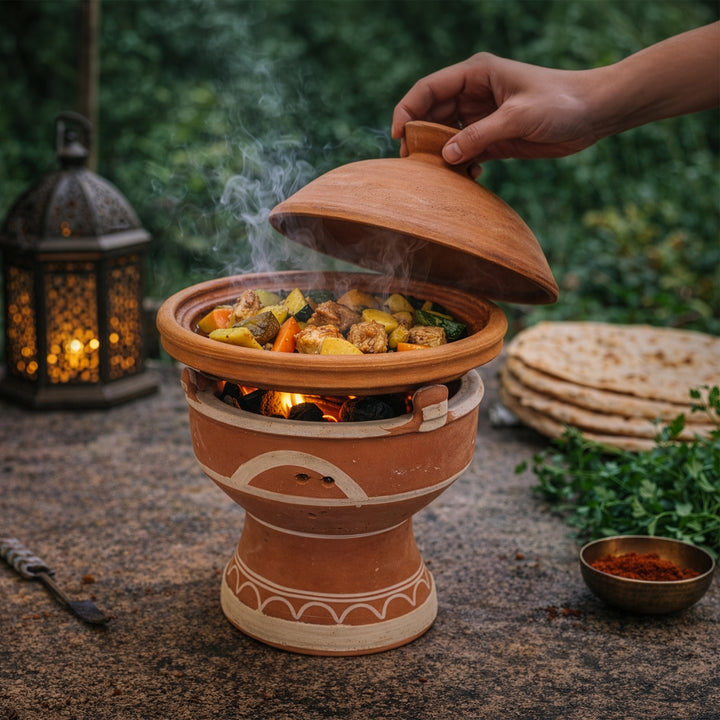 Tagine σε πήλινο θερμαντήρα mejmar για κάρβουνα, μαροκινή επιτραπέζια ψησταριά με ανοιχτή χόβολη για tagine