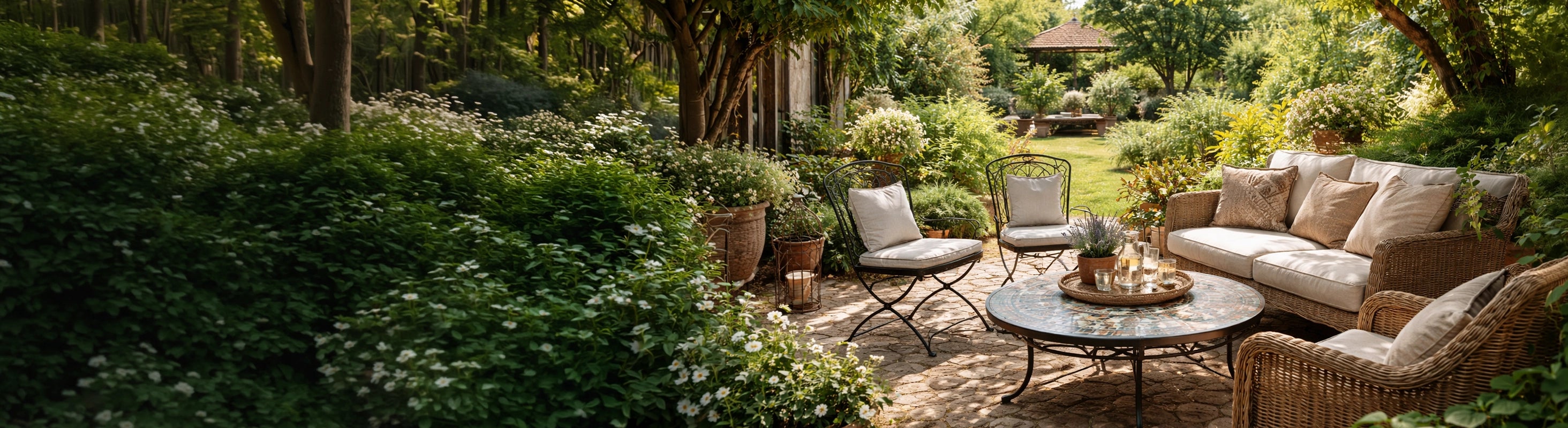Καρέκλες κήπου & καναπέδες – Garten mit Sitzgruppe aus Rattan-Sofa und Eisenstühlen rund um Mosaiktisch auf Naturstein-Terrasse im Grünen