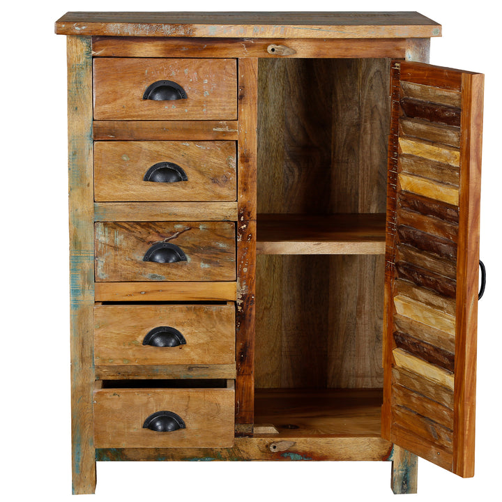 Highboard από μασίφ ξύλο με ανοιχτά συρτάρια και πόρτα, εσωτερικές θήκες εμφανείς, μεμονωμένο