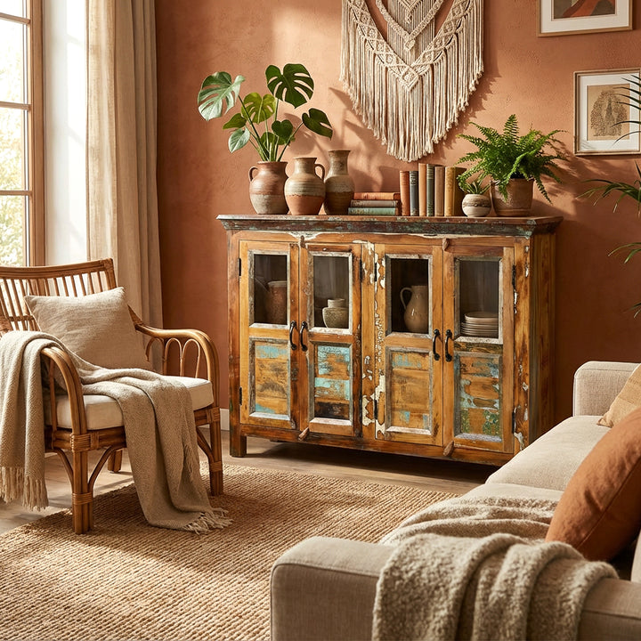Μπουφές από μασίφ ξύλο με γυάλινες πόρτες σε boho σαλόνι
