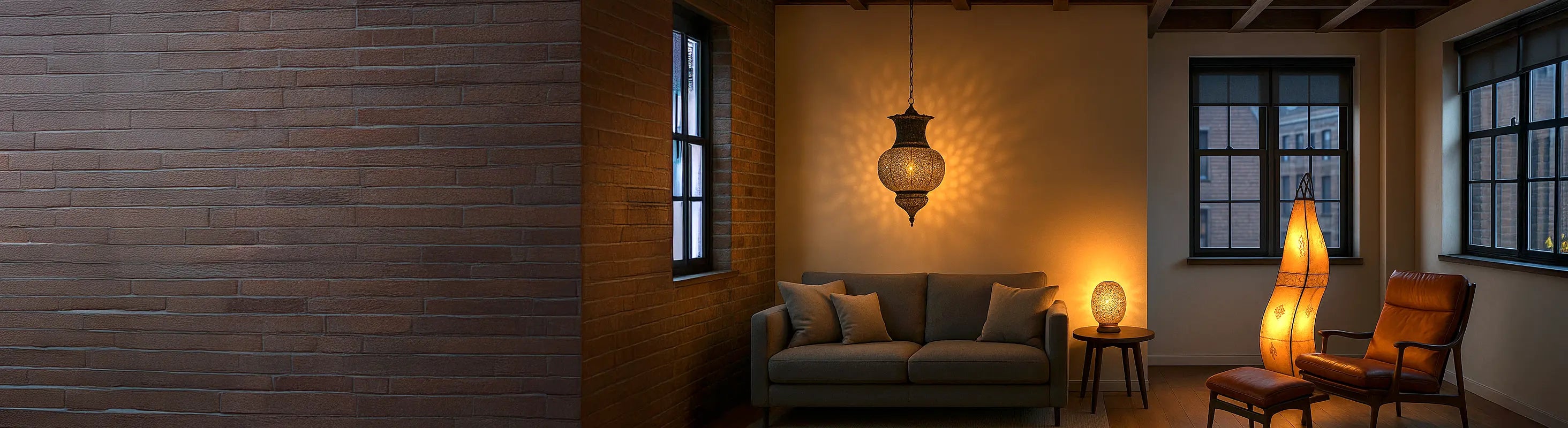 Λάμπες & Φώτα – Wohnzimmer mit orientalischer Hängelampe, Tischlampe und Stehlampe – stimmungsvolle Beleuchtung neben Sofa und Sessel