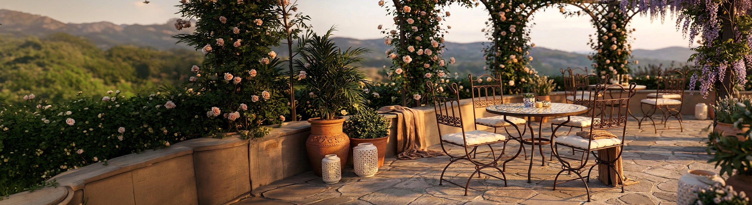 Μεταλλικές καρέκλες – marokkanische Metallstühle aus Eisen auf Terrasse mit Mosaiktisch im Garten – handgeschmiedete Stühle für Outdoor und Essbereich