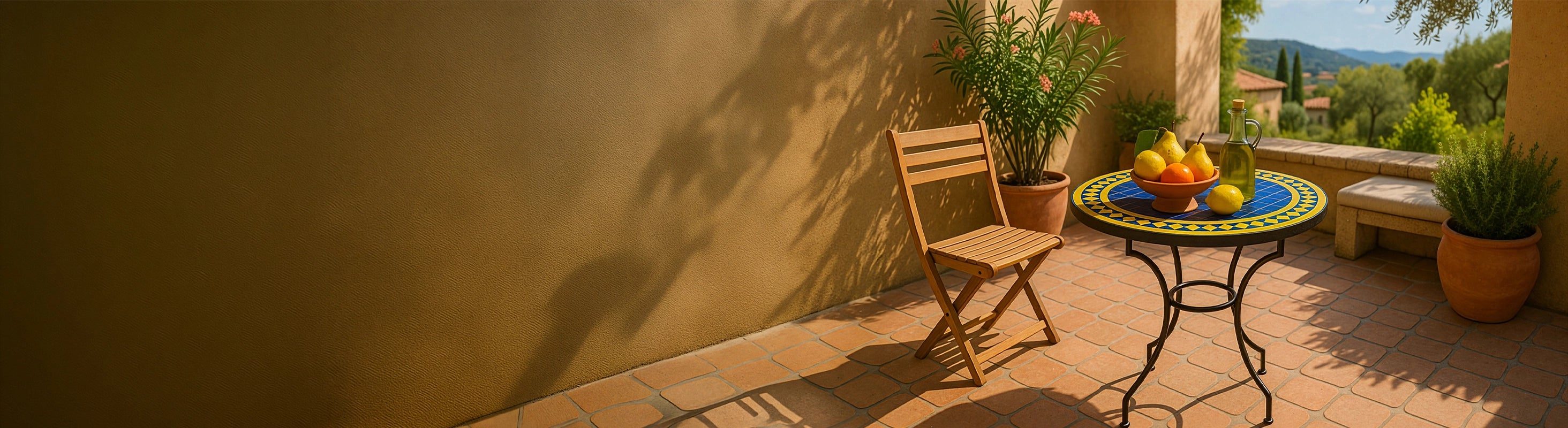 Μωσαϊκά τραπέζια Ø60 – Runder Mosaiktisch Ø60 cm mit blauen Zellige-Fliesen als Bistrotisch auf sonniger Terrasse mit Stuhl und mediterraner Umgebung – 2 Personen