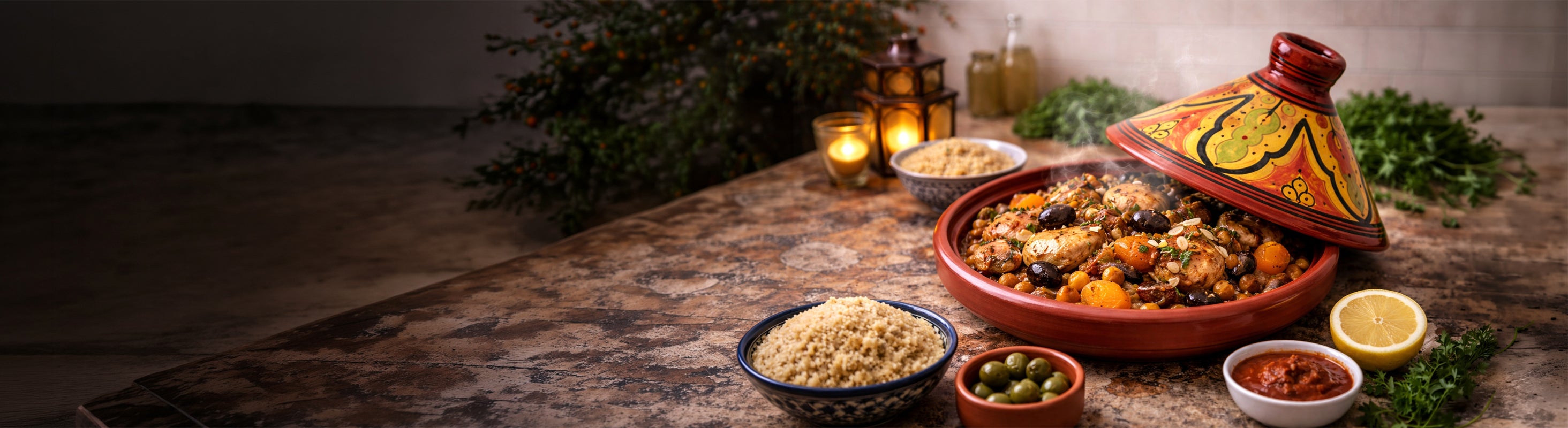 Tagine – Μαροκινό ταγιν ως παραδοσιακή πήλινη κατσαρόλα με ζωγραφισμένο καπάκι, γεμάτη με κοτόπουλο, λαχανικά και ελιές.