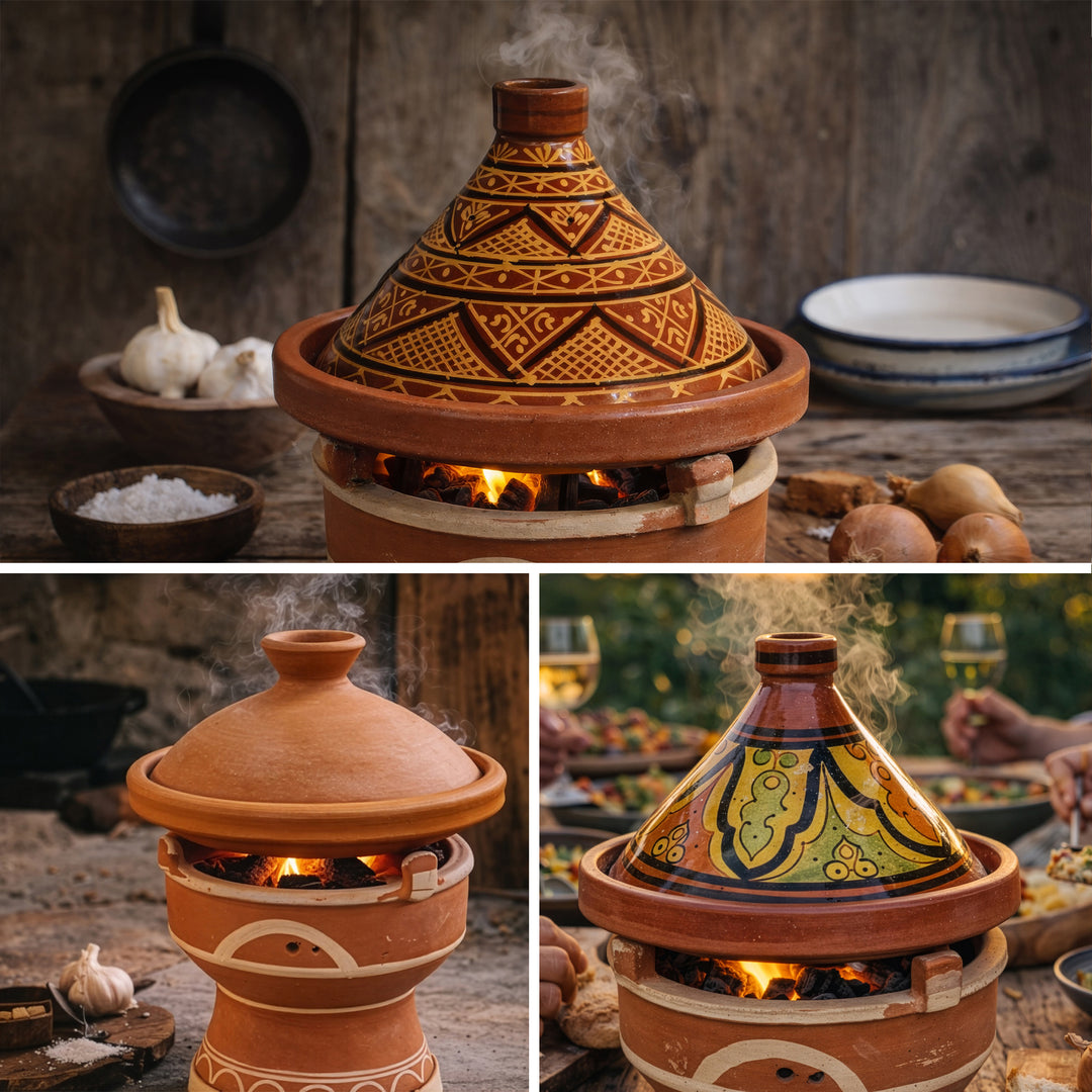 Tajine σε πηλό mejmar θερμαντήρα για κάρβουνα, μαροκινή επιτραπέζια ψησταριά με παραλλαγές tagine σε στυλ Μαρόκου
