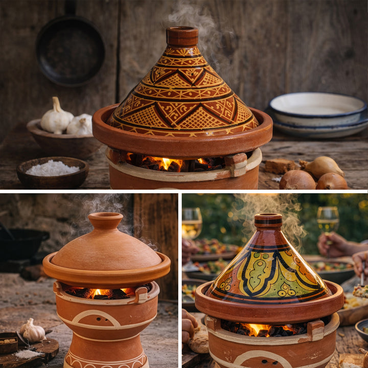 Tajine σε πηλό mejmar θερμαντήρα για κάρβουνα, μαροκινή επιτραπέζια ψησταριά με παραλλαγές tagine σε στυλ Μαρόκου