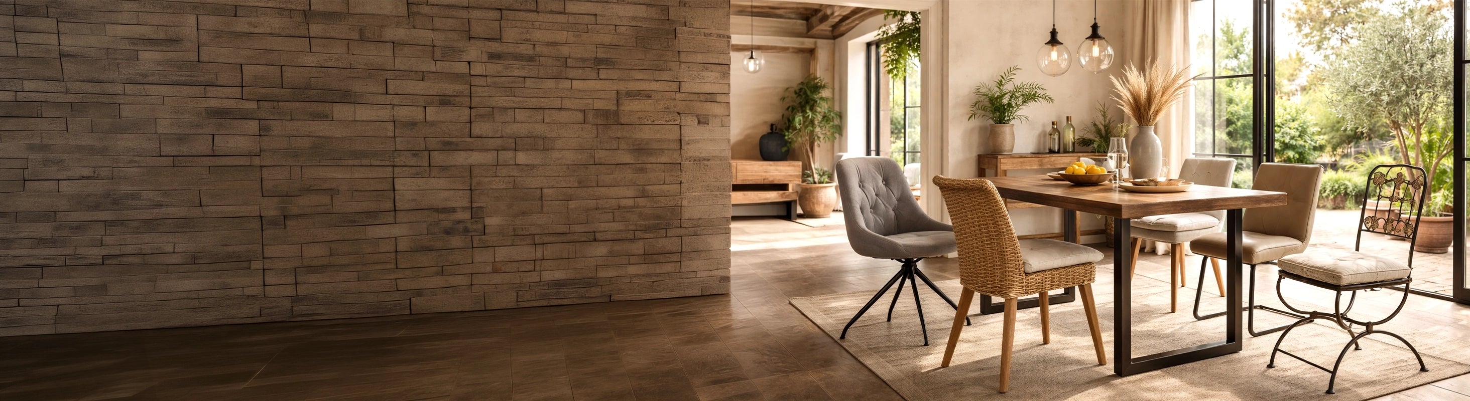 Καρέκλες – verschiedene Stühle aus Metall, Holz, Rattan und Polster am Esstisch im Wohnraum – Kombination aus Esszimmerstühlen für modernes Wohnen