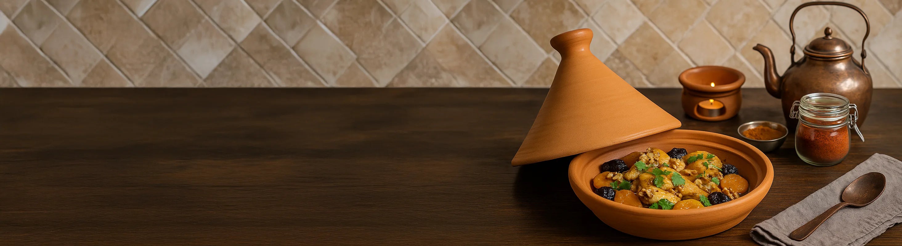 Μαροκινό tagine – Ταγιν γεμιστό με κοκκινιστό κρέας, βερίκοκα και αποξηραμένα φρούτα, διακοσμημένο με φρέσκο ​​κόλιανδρο