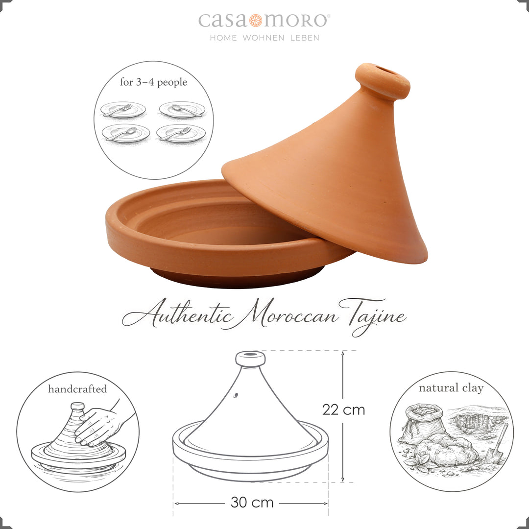 Tajine χωρίς γλάσο 30 εκ. από το Μαρόκο, για 3-4 άτομα, χειροποίητο και φυσικό
