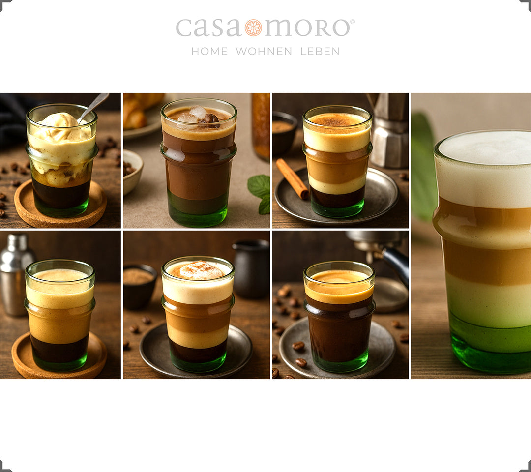 Ποτήρια γεμάτα με δημιουργίες καφέ - από macchiato έως dalgona, σερβιρισμένα σε πράσινα ποτήρια