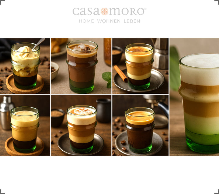 Ποτήρια γεμάτα με δημιουργίες καφέ - από macchiato έως dalgona, σερβιρισμένα σε πράσινα ποτήρια