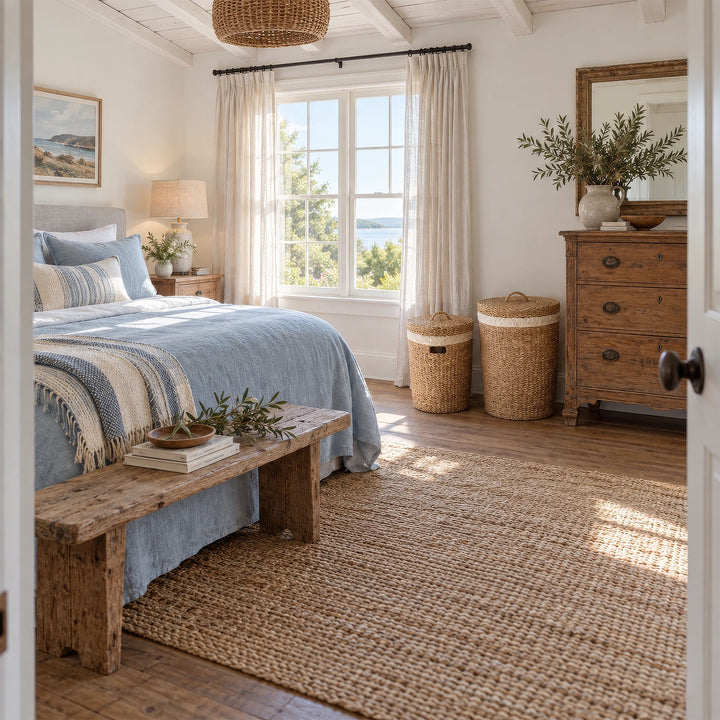 Wäschekorb-Set aus Seegras mit 38 und 75 Litern Volumen und geschlossenen Deckeln neben einer Kommode im Schlafzimmer.