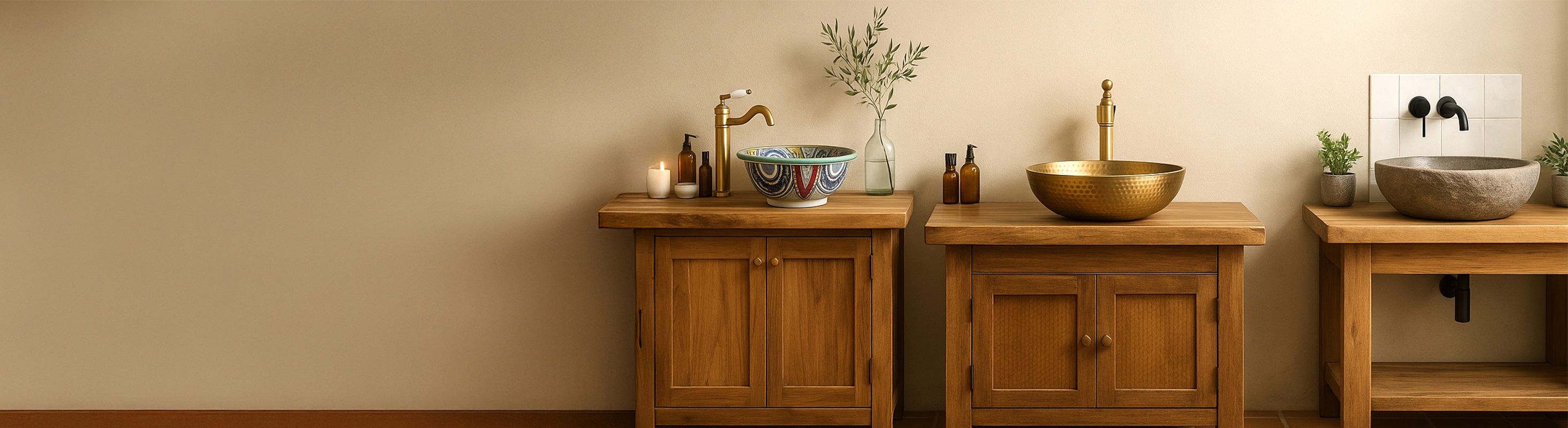 νεροχύτης – Drei hochwertige Waschbecken aus Naturstein, Metall und Keramik auf rustikalen Holz-Waschtischen vor heller Wand – modernes Showroom-Ambient