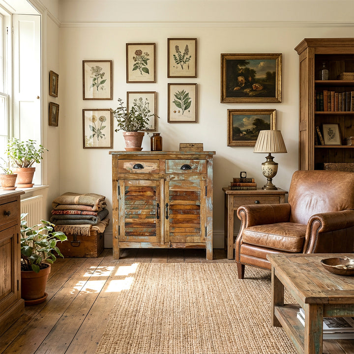 Μασίφ ξύλινο highboard στο σαλόνι, φυσικά υλικά, ήρεμη vintage ζωντανή σκηνή με φυσικό φως